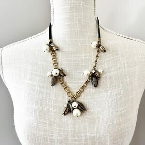 J. Crew Faux Pearl & Brass Flower Buds Ribbon Necklace